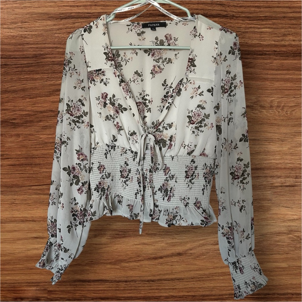 Papaya Off White Floral Low Cut Long Sleeve Top